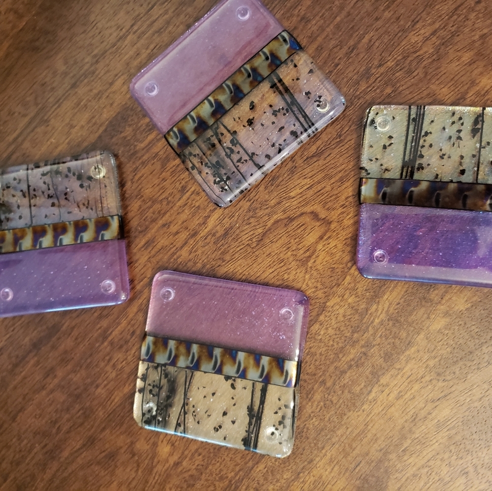 Heavy Duty Glass Drink Coasters Purple with Iridescent Detail - Picture 3 of 5
